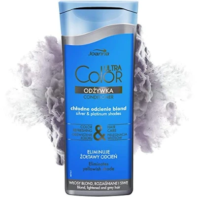 Image de Joanna Ultra Color,Après shampooing pour nuances argentées et platine,Rafraîchit les couleurs soin des cheveux,Ingrédients hydratants,Neutralise la teinte jaune,200 g