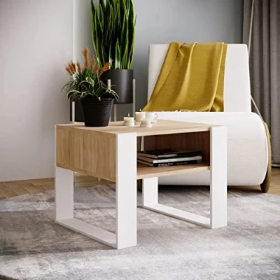 Image de MRBLS Table basse Design rustique moderne de salon d&#039;appoint à thé en bois (chêne Blanc mat) 65 x 45 53,6 cm (l H P)