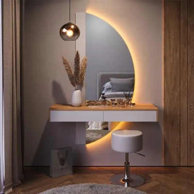 Image de Vicco Coiffeuse Melisa, Chêne/Blanc, 120 cm avec éclairage LED et Tabouret