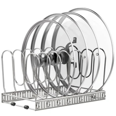 Image de Housolution Rangement Poele et Casserole pour Tiroir Cuisine, Range Couvercle avec 7 Compartiments Réglables, Porte Casseroles Argent