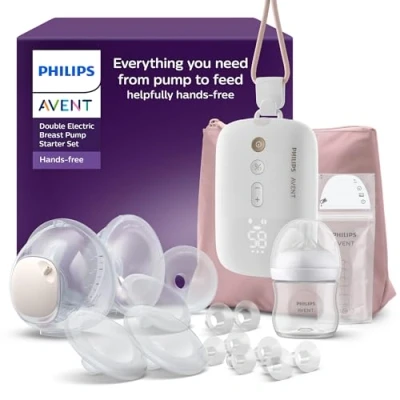 Image de Philips Avent Kit de tire lait électrique mains libres, moteur qualité hospitalière, imite le rythme succion bébé, jusqu&#039;à 85 aspirations par min, 6 téterelles et 8 inserts, SCD553/11