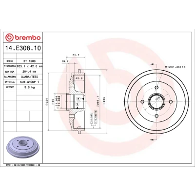 Image de BREMBO 14.E308.10 Tambours de Frein sans kit roulement à roue 203,1 PEUGEOT: 206 3/5 portes, SW, 206+ CITROËN: C3 I portes