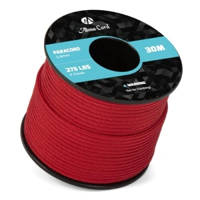 Image de Abma Cord 30M Paracorde 275 Corde en Nylon 2,4 mm 4 Brins de Survie, Extérieure, Tout Usage Max. 125kg (275lbs) Rouge