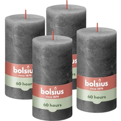 Image de BOLSIUS Lot de 4 bougies pilier rustiques, anthracite, 13 x 7 cm, gris foncé, 103668790331
