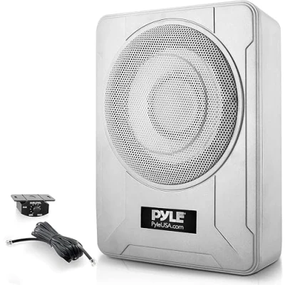 Image de Pyle Caisson de Basse Voiture/Marine 20 cm Subwoofer Actif Amplifié 600W à Profil Bas sous Siège, avec Amplificateur Intégré, Alimenté Entrées Niveau et Haut, Argenté