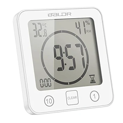 Image de ALLOMN Horloge de Salle Bain, Alarme Numérique LCD avec Douche Tactile étanche, Humidité la Température, Compte à Rebours, 3 Méthodes Montage, Alimentation par Batterie (Blanc)