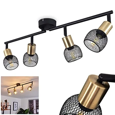 Image de Plafonnier Cairns en métal noir et doré, 4 spots vintages orientables à abat jour grillagé créant un effet lumineux au plafond, pour ampoules E14, ampoule(s) non incluse(s)