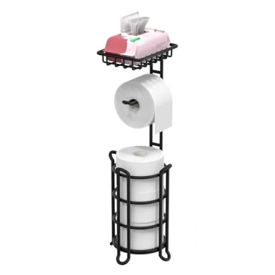 Image de TreeLen Toilet Paper Holder Stand Tissue Roll Dispenser with Shelf for Bathroom Storage Holds Reserve Mega Rolls Matte Black, C Chrom