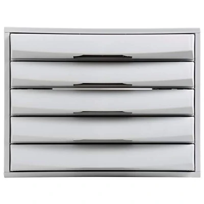 Image de Exacompta Réf. 222040D THE BOX Caisson 5 tiroirs fermés pour document A4+ Dimensions extérieures : Profondeur 38,70 x largeur 28,4 Hauteur 21,8 cm Gris lumière