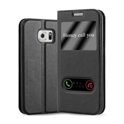Image de cadorabo Coque pour Samsung Galaxy S6 Edge en Noir COMÈTE Housse Protection avec Stand Horizontal et Deux Fenêtres Portefeuille Etui Poche Folio Case Cover