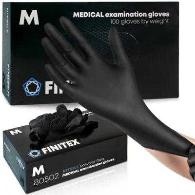 Image de FINITEX Gants Jetables Noirs en Nitrile M, 5.0g/pcs, 100pcs, sans Poudre Latex pour Aliments Nettoyage Tatouage Jardinage Examen Médical, 5mil