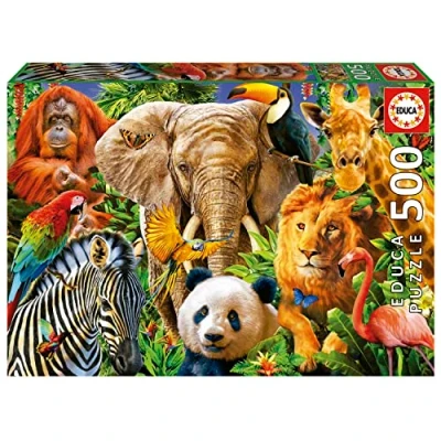 Image de Educa Collage Animaux Sauvages 500 pièces Puzzle. Mesure : 48 x 34 cm. Comprend Fix Puzzle Tail pour l&#039;accrocher Une Fois l&#039;assemblage terminé. + 11 Ans (19550)