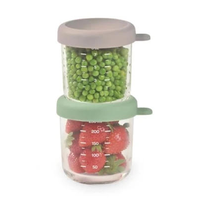Image de BÉABA, Coffret 2 Portions Verre Conservation Repas Bébé/Verre Extra Résistant, 100% Hermétique, Résiste Chaleur Froid, Congélation, Stérilisation, Graduation, 250 ml, Vert Sauge/Gazelle