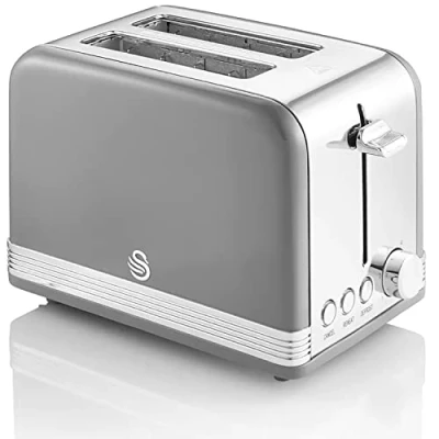 Image de Swan Retro ST19010GRNEU Grille pain Large Fente 2 Tranches, Design Vintage, 3 Fonctions : Dégivrage, Réchauffement, Annulation, Régulateur 6 Niveaux de Torréfaction, Acier Inox, Gris, 815W