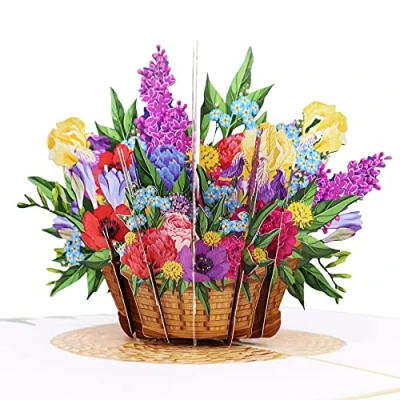 Image de MOKIO® Carte Fleur Pop Up Panier de fleurs coloré cadeau 3D pour un anniversaire, comme bon ou d&#039;argent, vœux avec enveloppe