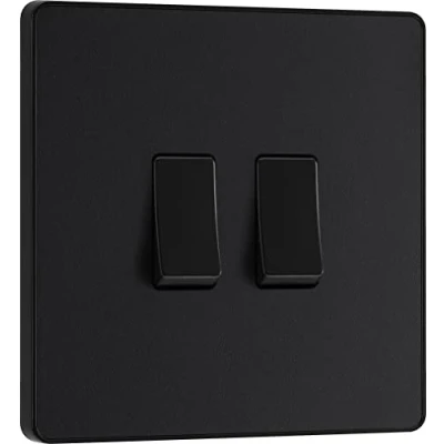 Image de BG Electrical PCDMB42B Double interrupteur mural 2 voies Plaque avant sans vis Bords arrondis Noir mat 20 A 16 AX
