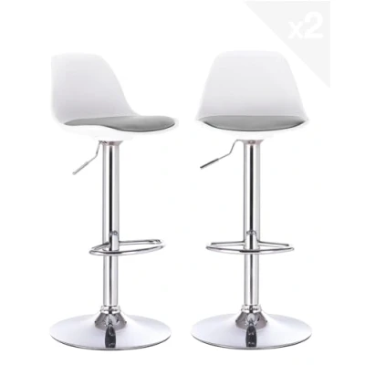 Image de KAYELLES Lot de 2 tabourets Bar Design Coussin Simili Cuir rembourré, Repose Pieds, réglable en Hauteur et pivotant 360 Pied Chrome SIG (Blanc Gris)