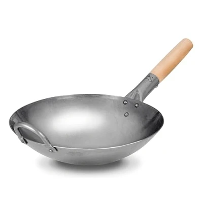 Image de Craft Wok Pow traditionnel en acier au carbone martelé à la main avec poignée bois et (12 pouces)