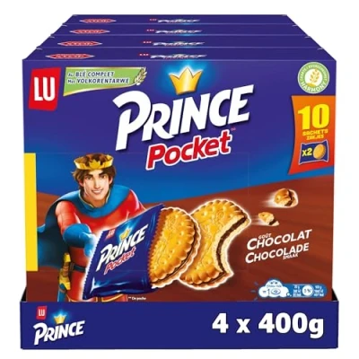 Image de LU Prince 4 Boîtes de 10 sachets 2 Biscuits Chocolat Pocket Fourrés au Blé Complet et Riche en Céréales Idéal pour le Goûter des Enfants Lot 4x400g