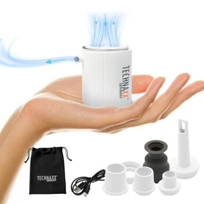 Image de Mini Pompe à l’air Batterie Technaxx TX 261 avec Rechargeable 1360mAh pour gonfler Matelas pneumatiques, Lits gonflables, oreillers, bouées, Jouets 5 Buses, câble de Charge