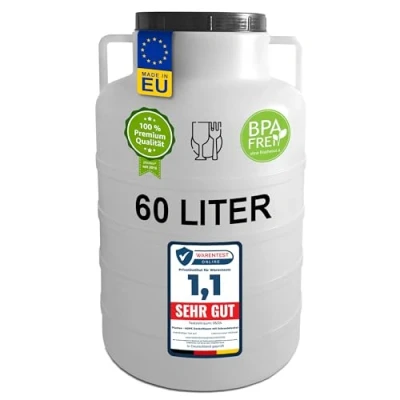 Image de Plasteo® tonneau rond à col large de 60 litres, naturel, avec couvercle et poignées, convient un usage alimentaire sans BPA, en plastique universel,