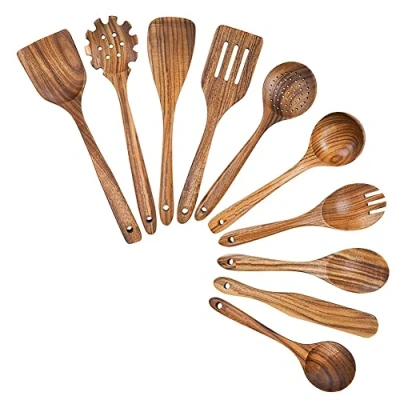 Image de Kruluuvia Ustensiles de Cuisine en Bois, Ensemble D&#039;Ustensiles avec Cuillères Bois Teck et Spatule pour la