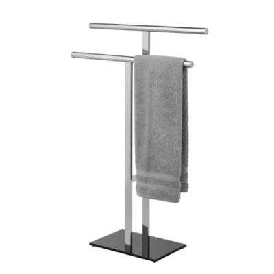 Image de Wenko Porte Serviettes Lava en Forme de T avec 2 Bras, Combinaison Tubes Ronds Et Carrés Acier Inoxydable Brillant Plateau Verre Sécurité Lourd, 50 X 81,5 20 Cm
