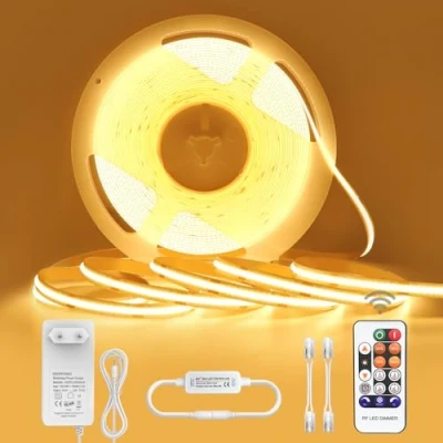 Image de Ruban LED COB 10M Blanc Chaud, Bande Dimmable 24V 3000K, Bandeau avec alimentation et télécommande, Autocollant Etanche IP44, Bandes lumineuses 10 Metre pour Armoires, Cuisines