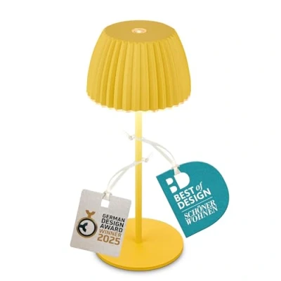 Image de BRILONER Riffle Mini lampe de table LED sans fil IP44 avec bord lumineux, 8,5 x 20 cm, variateur tactile, batterie remplaçable, chevet fil, German Design Award Winner 2025, jaune