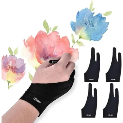 Image de OTraki Lot de 4 Gants Dessin Anti Fouling Gant Tablette Graphique pour Droitier Gaucher, Élastiques Deux Doigts Pad Papier Graphiste Dessinateur Taille L (9x22cm, Noir)