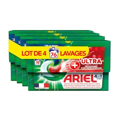 Image de Ariel 4en1 PODS Lessive Liquide En Capsules 76 Lavages (4x19 Tablettes), Technologie Ultra Détachant, Élimine Les Taches Incrustées À Basse Température, Même Après 7 Jours, Fabriqué France