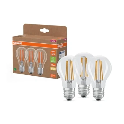 Image de OSRAM Lampes LED haute efficacité avec classe énergétique A, pack avantage de 3 lampes, remplace les ampoules 60W classiques, forme poire, blanc chaud (2700K), E27, verre filament