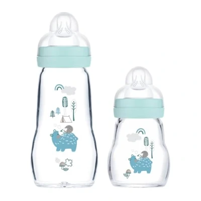 Image de MAM Feel Good Lot de 2 biberons en verre pour bébé, dès la naissance, 170 ml et 260 ml, bleu