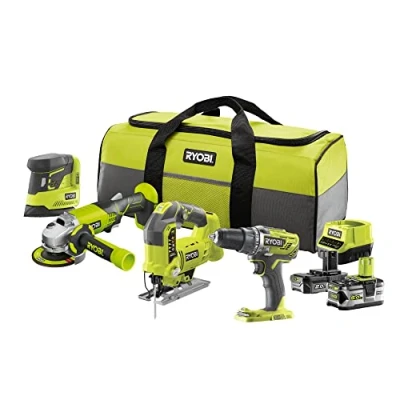 Image de RYOBI Combo 4 outils : Perceuse + scie sauteuse pendulaire meuleuse d&#039;angle 115 mm ponceuse 1 batterie 2,0 Ah 5,0 chargeur rapide Livré en sac de transport R18CK4B 252S