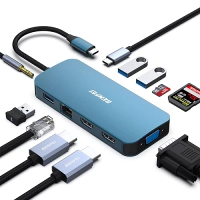 Image de Station d&#039;accueil pour ordinateur portable BENFEI USB C MST avec câble en silicone tissé, hub vers carte d&#039;alimentation, audio auxiliaire, 11 1 C, 3 ports HDMI/1 VGA, 3.0/SD/TF