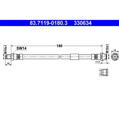 Image de ATE 83.7119 0180.3 Flexible De Frein 180 M10x1 SAAB: 9 5 Berline, Break