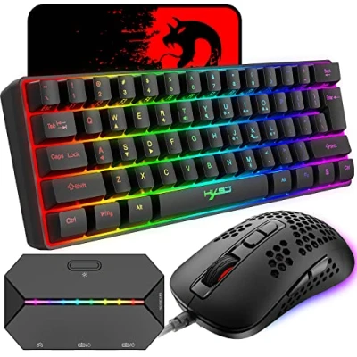 Image de KUIYN Clavier de Jeu Compact Filaire 60% 61 Touches 11 complètes rétroéclairées RVB Anti ghosting + Souris légère 2400 DPI Optique en nid d&#039;abeille