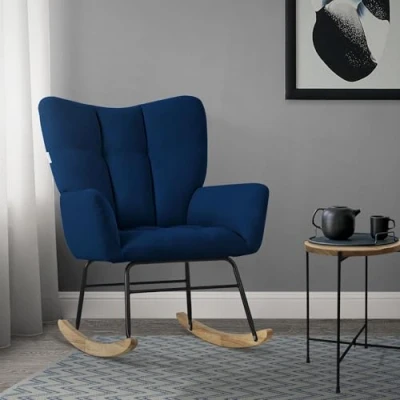 Image de ML Design Fauteuil à Bascule Bleu Foncé, avec Housse en Tissu Éponge, Structure Acier, Pieds Bois Naturel, Chaise de Relax, Relaxation Oscillant Rembourré, pour Salon Chambre