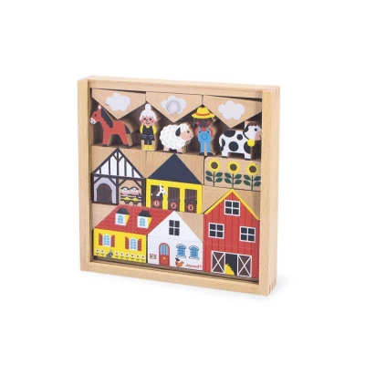 Image de Janod Set de 34 Cubes en Bois Massif Thème Campagne Idéal Complément Tapis Voiture Jouet Construction Développe l&#039;imagination FSCTM Dès 2 Ans J05937