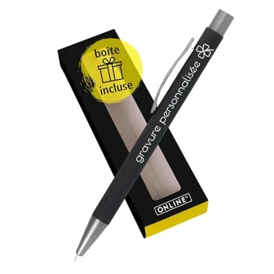 Image de Online stylo à bille personnalisé avec gravure laser Gris I noir et rose en métal dans une boîte cadeau personnel sensation douce au toucher