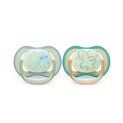 Image de Philips Avent Sucette Ultra Air 2 tétines légères et respirantes lumineuses dans le noir pour bébé de 0 à 6 mois sans bisphénol A, avec étui stérilisateur (modèle SCF376/18)