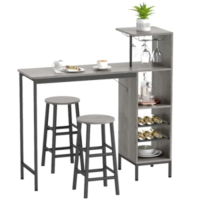 Image de Ensemble table de bar avec tabourets HOMCOM étagères rangement casiers à vin porte verres effet bois naturel