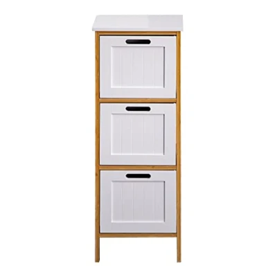 Image de Rebecca Mobili Table de Chevet étroite, Meuble à tiroirs pour Salle Bain, Blanc Brun, 3 tiroirs, Moderne, MDF Bamboo Dimensions HxLxP : 86 x 32 30 cm Art. RE6713