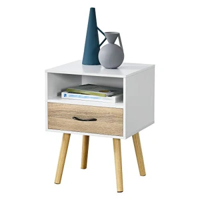 Image de [en.casa] Table de Chevet Design Commode à Tiroir Meuble Bas Style Intemporel Nuit avec Espace Stockage Panneau Particules Bois Revêtu par PVC 57 x 42 40 cm Blanc Effet Chêne