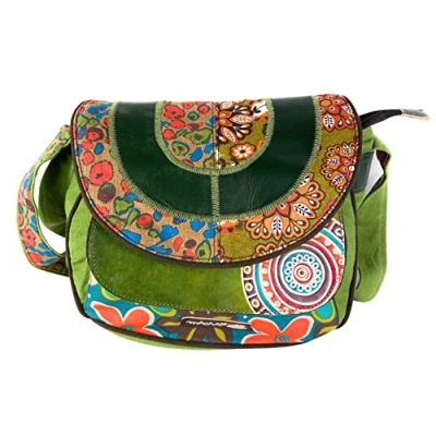 Image de Macha Sac Ethnique en coton aux imprimés colorés et empiècements cuir, à bandouliere Pour Femme Indien coloré (Vert)