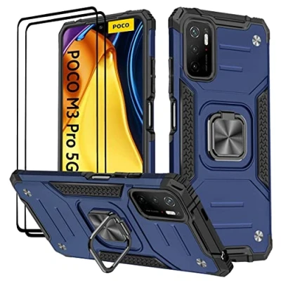 Image de KANSI Coque Compatible pour Xiaomi POCO M3 Pro 5G / Redmi Note 10 5G, Verre Trempé [2 Pièces] + Housse TPU Silicone Rotation 360 Aimant Anneau Support Double Défense Bleu