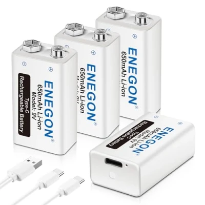 Image de ENEGON Batterie 9V USB Directe Rechargeable Lithium ION avec câble Type C 2 en 1 pour Microphone, détecteurs de fumée, Jouets électroniques, Talkie walkie et Autres appareils, Lot 4 Piles