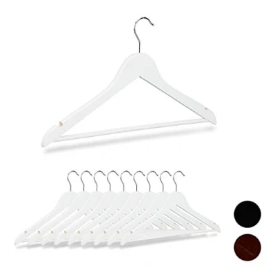 Image de Relaxdays 10026466_49 Cintre en bois set de 10, Traverse pantalon 44,5 cm, Encoche robe jupe chemise, Crochet pivotant 360, blanc, fer, 22,5 x 1cm