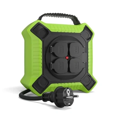 Image de MutecPower enrouleur electrique 10m IP44 rallonge avec 4 prises de courant protégées pour usage extérieur, Noir/Vert