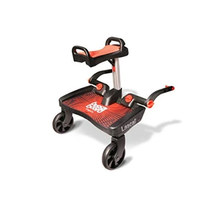 Image de Lascal BuggyBoard Maxi+, Planche avec assise et grande plateforme, Accessoire pour enfants de 2 à 6 ans (22 kg), Compatible toutes les poussettes, Rouge